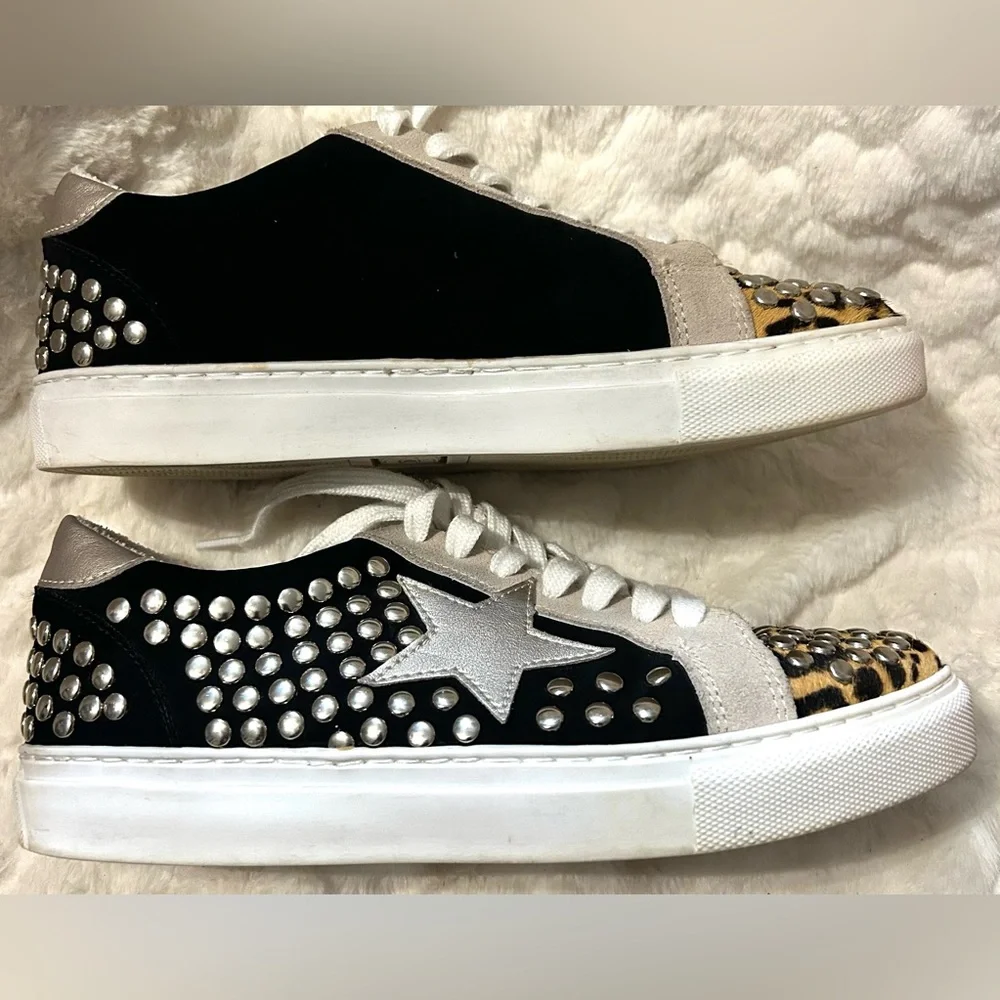 Steve Madden Turner Leather Black and Leopard Studded Sneakers women’s size 7.5 - Picture 9 of 11